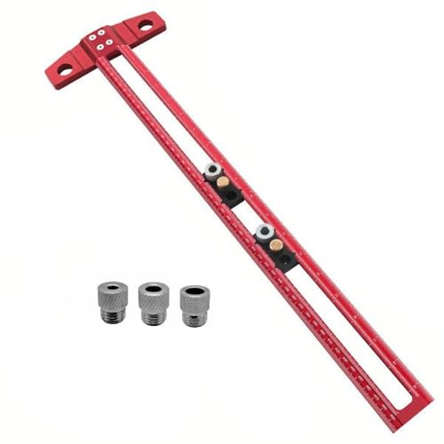 plplaaoo Holzbearbeitungsschreiber Multifunktional Bohrung Positionierung Lineal Aluminiumlegierung T Formmarkierungswerkzeug Metrische Imperialskala mit 6 mm 8 mm 10 mm Bohrbuchsen für (Rot) von plplaaoo