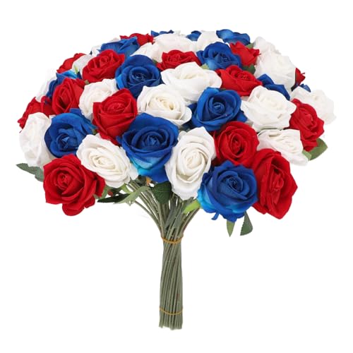 plplaaoo Künstliche Rosenstrauß Set 50 Stück realistisch aussehende Rosen lebendige rot Blaue weiße Kunststoffblüten Verstellbare Stiele für Gedenktagstischationen Party Herzstück plplaaoo Künstliche Rosenstrauß Set 50 Stück realistisch aussehende Rosen lebendige rot Blaue weiße Kunststoffblüten Verstellbare Stiele für Gedenktagstischationen Party Herzstück von plplaaoo