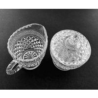Anchor Hocking Crystal Wexford Milchkännchen Und Zuckerdose Mit Deckel Rautenmuster von pluckylucky