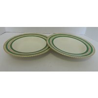 Crown Ducal Made in England Two Rim Suppenschüsseln Green Bands Gold Laurel Scalloped von pluckylucky