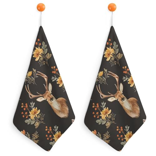 pmoyh Hirsch Gelbe Blume Handtücher 2 Stück Küche Bad Hand Trockner Dekorative Mikrofaser Bedruckt Handtuch 30x30cm von pmoyh