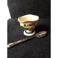 Wunderschöne Vintage Watcombe Motto Ware Geflochtener Sockel Clotted Creme Schale Mit Wirklich Schönem Versilberten Löffel.lovely Duo Ready For von pobkinsemporium