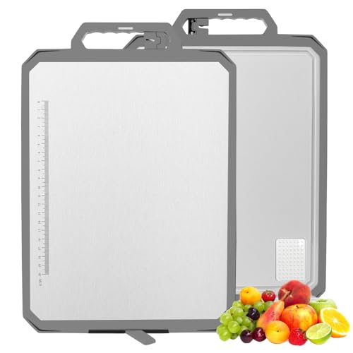 Doppelseitiges Stahl Schneidebrett für Küche, 304 Edelstahl/PP großes Schneidebrett für Fleisch, mit Saft Nut, Schleifer, Messerschärfer, 17.2x11.8in von pobowlgarls