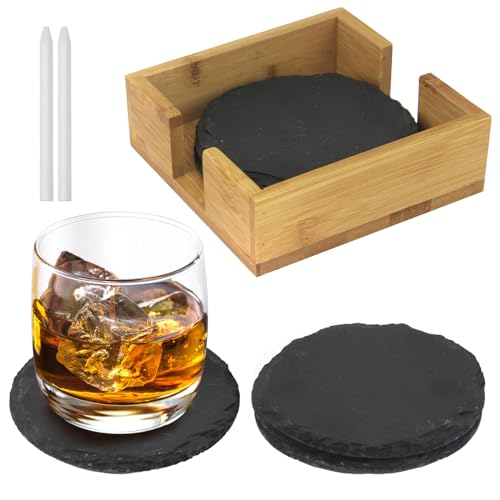 Poeland Schiefer Untersetzer Set, Schiefer-Getränkeuntersetzer mit Holztablett und Kreide, Tassenuntersetzer-Set für Zuhause, Wohnung, Küche, Bar (4 Stück, rund) von poeland