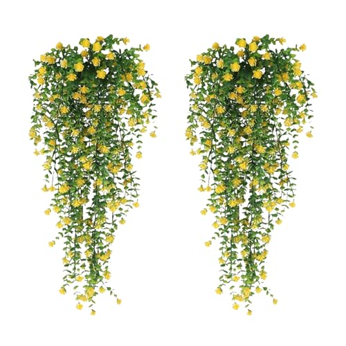 pofluany Blumendekoration zum Aufhängen, bunt, UV-beständig, für drinnen und draußen, lebensechte Kunstpflanzen, Zuhause, Hochzeit, Garten, Hof, Kunststoff, Efeu, Gelb, 1 Stück von pofluany