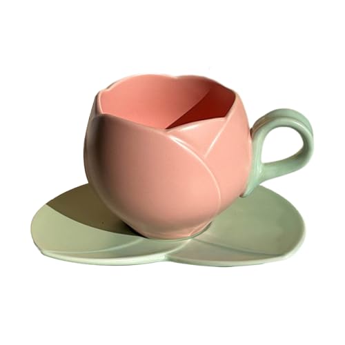 pofluany Multifunktionaler Kaffeebecher Blumentopf Becher 1 Set Keramik Tulpe Kaffeetasse mit Untersetzer Hitzebeständig Langlebig Teetasse für Zuhause Rosa von pofluany