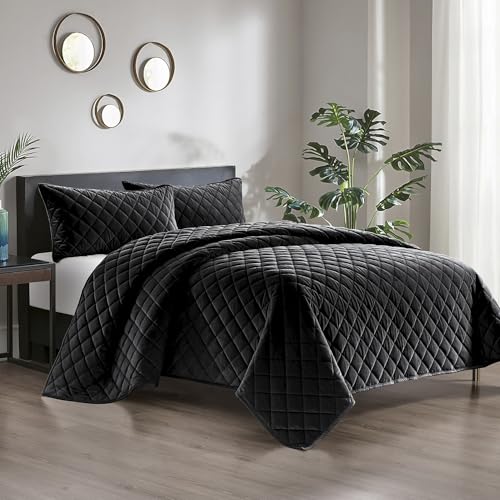 Pointehaven Diamond Design Übergroßes Samt-Bettwäsche-Set, 3-teilig, Schwarz von pointehaven