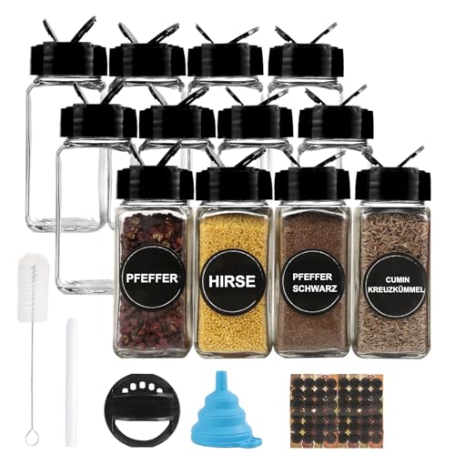 pojah 12er Gewürzgläser Set,120ml Glas Gewürzdosen eckig Aufbewahrung mit Schwarz Deckel, Trichter, Bürste, Etiketten & Kreidestift,10,5 x 4,3 cm von pojah