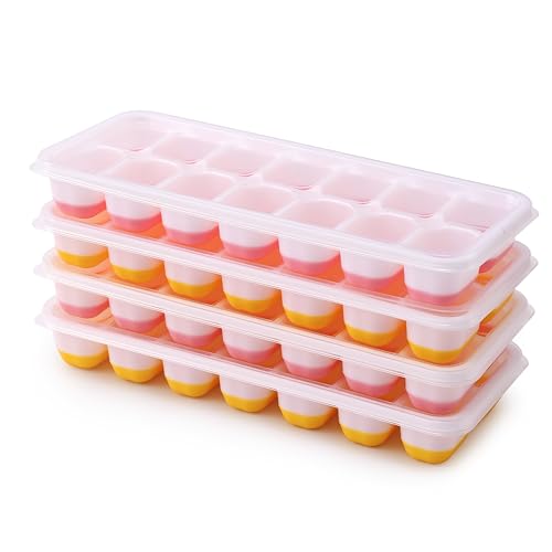 4 Pack Silikon Eiswürfelform mit Deckel BPA Frei, Eiswürfelbehälter Stapelbar, Sichere Gesunde Eiswürfel Form für Babybrei Cocktail Whiskey Kaffee (2 Rosa+2 Gelb) von pojah