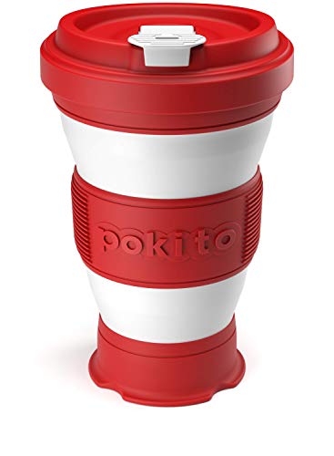 Trinkbecher für Kaffee und andere Getränke von Pokito | Super Faltbarer Becher/Kaffeebecher to go mit Deckel für unterwegs, Auto, Outdoor, Camping | Robust, wiederverwendbar, Auslaufsicher | Rot von pokito