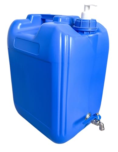 pokm toolsmarket - Wasserkanister mit Hahn, Seifenspender 150 ml, Kanister für Trinkwasser, BPA-frei wasserbehälter, aus Kunststoff, Ideal für Camping, EU Produktion, Blau - 20 Liter von pokm toolsmarket