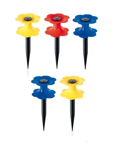 Schlauchführung 5er Set, Gartenschlauch Halter Flower, Gelb Rot und Blau Blumen mit Erdanker, Gartenschlauchführung mit Erdspieß, aus Kunststoff, von pokm toolsmarket