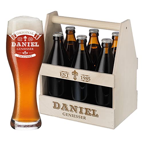 2-TLG Bier Geschenkset mit Wunschgravur - Motiv: Original Exklusive - personalisiert - 1x Flaschenhalter aus Holz - 1x Weizenbierglas 500 ml - Biertrinker - Geschenk - Geburtstag, Vatertag von polar-effekt