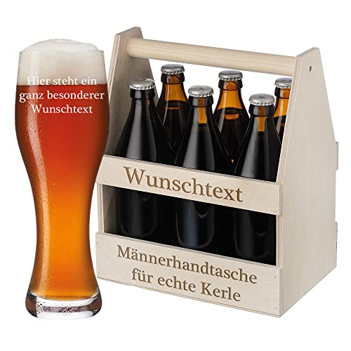 Bier Geschenkset mit Wunschtext personalisiert - 1x Weißbierglas 500 ml - 1x Bierträger Holz - Pils, Weizen, Geburtstag, Weihnachten - Männergeschenk von polar-effekt