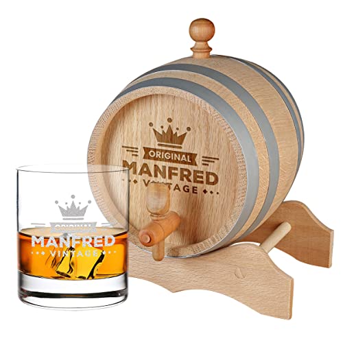 Whiskey Geschenk Idee mit Gravur 1x Whisky Glas 320 ml und 1x Holzfass 1Liter Bierfass mit Zapfhahn Whiskyfass mit Glas - Motiv Krone Whiskey Gläser personalisierte Geschenke Männer Rum Gläser von polar-effekt