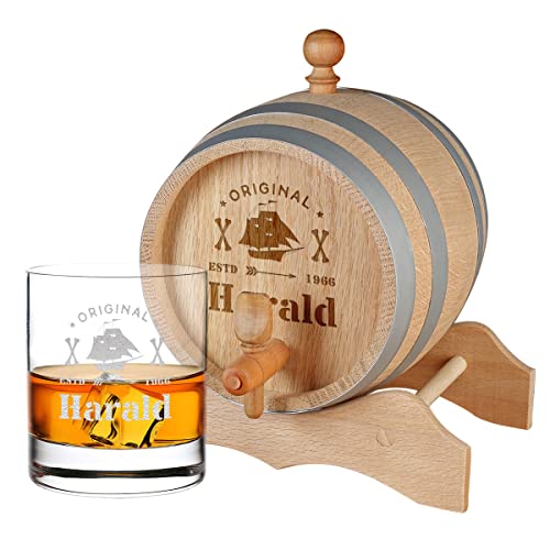 2-TLG Whisky Geschenk personalisiert - 1x Holzfass Eiche 1000 ml und 1x Whiskeyglas 320 ml - mit Zapfhahn und Holzbock - Scotch, Bourbon - echtes Männergeschenk - Spirituosen - Motiv Schiff von polar-effekt