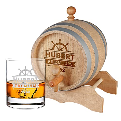 2-TLG Whisky Geschenkset personalisiert - Holzfass 1 L mit Zapfhahn, Whiskyglas 320 ml - Geburtstag, Weihnachten - Männergeschenk - für Spirituosen - Scotch, Bourbon, Whiskey - Motiv Steuerrad von polar-effekt