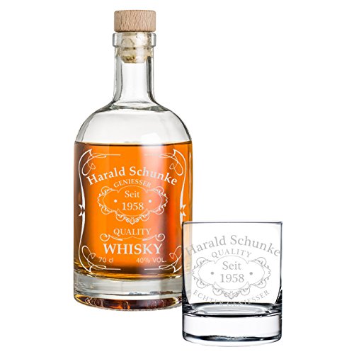 polar-effekt 2-TLG Geschenk-Set mit Gravur - Whiskyflasche und Whiskyglas - Glas-Karaffe Inhalt: 700ml und Holzkorken - Geschenkidee für Männer - Motiv Quality Whisky von polar-effekt