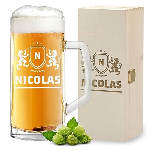 polar-effekt 2-TLG Bier-Set Bierkrug 0,5 Liter und Holzkiste mit Gravur zum Geburtstag - Geschenk-Idee für Mann - Geschenkset zum Vatertag - Bierglas und Holzbox mit Namen von polar-effekt