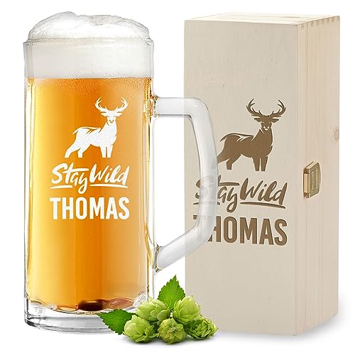 2-tlg Geschenk-Set Bierkrug 0,5l Holzkiste mit Gravur - Männergeschenk für Papa und Opa - Bier Geschenk zum Geburtstag und Jubiläum - Bierglas mit Füllstrich von polar-effekt