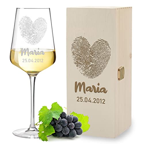 polar-effekt 2-TLG Weinset Leonardo Weinglas 560 ml Holzkiste mit personalisierter Gravur - Motiv Herz Fingerabdruck - Holz Box - Kristallglas - DIY Geschenkidee von polar-effekt