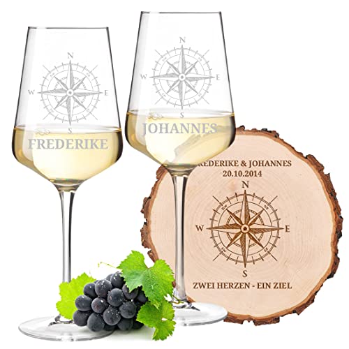 2X Leonardo Puccini Weingläser Weinkelch Glas 560 ml + Baumscheibe aus Erle mit personalisierter Gravur - Motiv Kompass - Hochzeitsgeschenk - Paare, Ehepaare - Liebe, Romantik - Present von polar-effekt