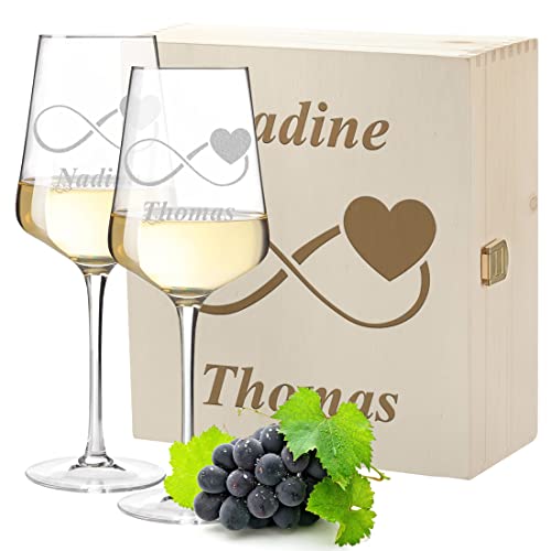 3-tlg Weinset mit personalisierter Wunschgravur - Motiv Unendlichkeitszeichen - 2x Leonardo Weißweingläser Puccini 560 ml, 1x Holzkiste - nachhaltig - Echtholz - DIY Geschenk - Paar, Liebespaar von polar-effekt