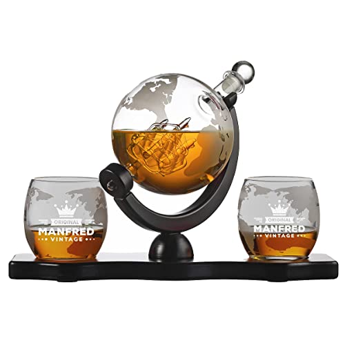 4-TLG Whisky Geschenkset personalisiert mit Name - 1x Globus Dekanter 850 ml, 2X Whiskyglas 320 ml, 1x Tablett - mit Weltkarte - Present, Geschenk - Whiskey-Liebhaber - für Männer - Motiv Krone von polar-effekt
