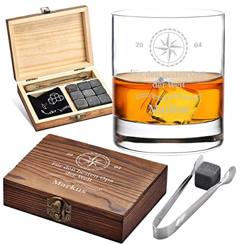 5-TLG Geschenk-Set Kühlsteine mit Wunschgravur - 9X Eiswürfel + 1x Holzkiste + 1x Whiskyglas + 1x Zange + 1x Beutel - wiederverwendbar - für echte Genießer - Weihnachten - Motiv Bester Opa der Welt 5-TLG Geschenk-Set Kühlsteine mit Wunschgravur - 9X Eiswürfel + 1x Holzkiste + 1x Whiskyglas + 1x Zange + 1x Beutel - wiederverwendbar - für echte Genießer - Weihnachten - Motiv Bester Opa der Welt von polar-effekt