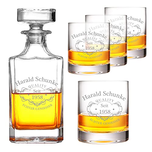 5-TLG Whiskey Set mit Wunschgravur - Motiv: Echter Geniesser - personalisiert - 1x Karaffe 700 ml + 4X Whiskygläser 320 ml - mundgeblasen - Geschenkidee - Deko für Bar, Wohnzimmer von polar-effekt