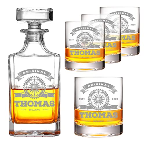 5-TLG Whisky Dekanter Set mit personalisierter Gravur - Motiv: Original Kompass - 1x Karaffe 700 ml, 4X Whiskygläser 320 ml - Kristallglas - quadratisch - Gentleman - Drink - Geburtstag von polar-effekt