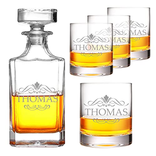 5-TLG Whisky Set mit personalisierter Wunschgravur - Motiv: Ornament - mundgeblasen - 1x Dekanter 700 ml, 4x Whisky Gläser 320 ml - von Hand graviert - Männer, Bruder - Geschenk, Geburtstag von polar-effekt