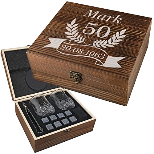 7-TLG Whisky Set mit Gravur - Motiv: Jubiläum Ährenkranz - 1x personalisierte Holzbox - 2X Whiskygläser, 9X Kühlsteine, 1x Beutel, 1x Zange - Eiswürfel - Geschenk - Stones, Glass, Ice Cubes 7-TLG Whisky Set mit Gravur - Motiv: Jubiläum Ährenkranz - 1x personalisierte Holzbox - 2X Whiskygläser, 9X Kühlsteine, 1x Beutel, 1x Zange - Eiswürfel - Geschenk - Stones, Glass, Ice Cubes von polar-effekt