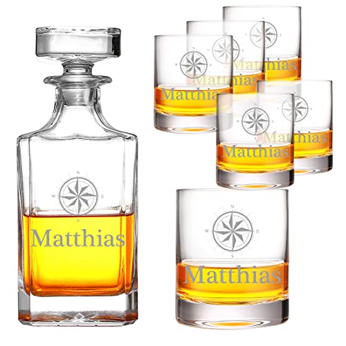 7-TLG Whisky Set mit Gravur - Motiv: Kompass - personalisiert - 1x Karaffe 700 ml, 6X Whiskygläser 320 ml - von Hand gefertigt - Scotch, Bourbon - Dekanter, Decanter - Männergeschenk von polar-effekt