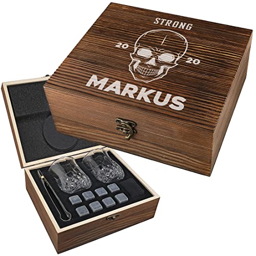 7-TLG Whisky Steine Set mit Gravur - Motiv: Totenkopf - 1x personalisierte Holzbox - 2X Whiskeygläser, 9X Kühlsteine, 1x Beutel, 1x Zange - wiederverwendbar - Eiswürfel - Present, Geschenk von polar-effekt