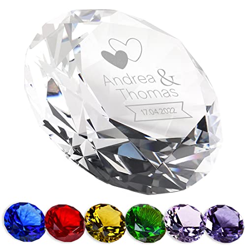 Deko Diamant aus Glas mit Gravur Motiv Zwei Herzen - mit Name veredelt - Unikat als Hochzeitsgeschenk - die Geschenkidee zur goldenen Hochzeit - perfektes Paar-Geschenk von polar-effekt