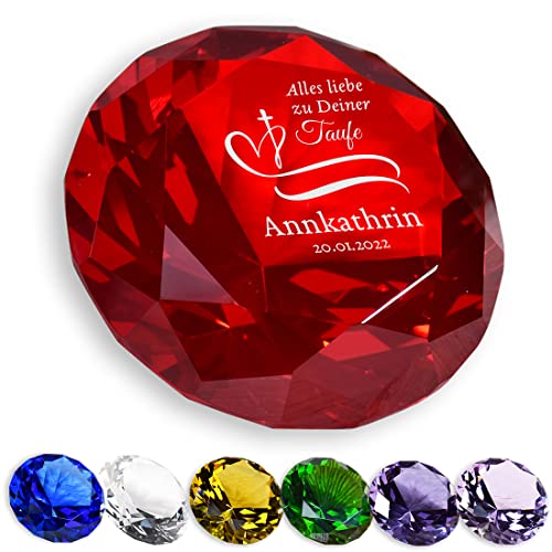 Deko Glas Diamant mit Gravur in Rot Motiv Herz - personalisiert mit Name - Geschenkidee zur Taufe - das Taufgeschenk für Kinder - Glaskristall als Geburtstagsgeschenk von polar-effekt