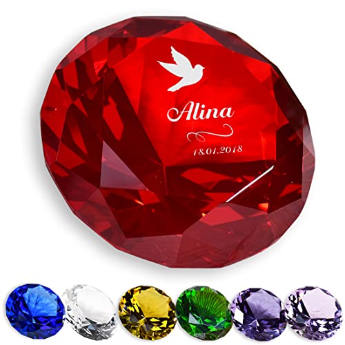 Dekostein Diamant aus Glas in Rot mit Gravur passend zur Taufe Motiv Taube - personalisiert mit Name - das Taufgeschenk für Kinder - Geschenkidee zur Konfirmation für kirchliche Anlässe von polar-effekt