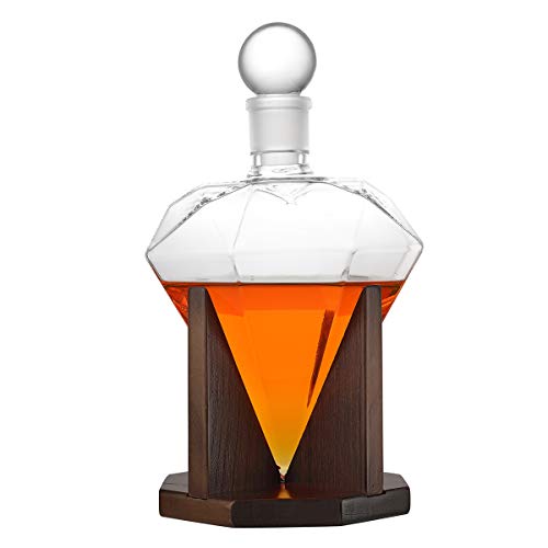 Diamant Whiskey Dekanter mit 1000 ml, bleifreiem Glas Design-Karaffe mit Holzständer - Glass Stopper, dekorative Bar, Männer Geburtstagsgeschenk - Scotch, Bourbon von polar-effekt