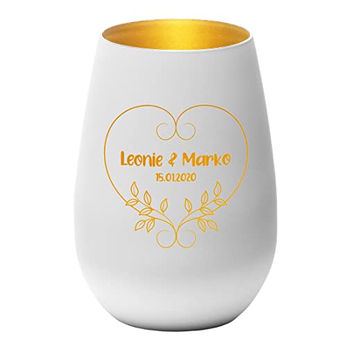 Glaskerzenhalter weiß-Gold mit personalisierter Wunschgravur - Motiv: Herz mit Blätter - Kristallglas Teelichthalter, Windlicht - für Hochzeit, Verlobung - Paare, Liebespaar - Liebe Glaskerzenhalter weiß-Gold mit personalisierter Wunschgravur - Motiv: Herz mit Blätter - Kristallglas Teelichthalter, Windlicht - für Hochzeit, Verlobung - Paare, Liebespaar - Liebe von polar-effekt