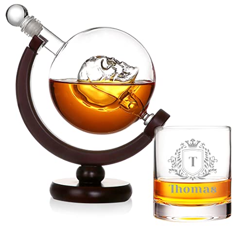 Globus Skull Dekanter 850 ml Set mit Gravur - Motiv: Wappen - personalisiertes Whiskyglas 320 ml - made in Germany - inklusive Holzständer - Geschenkidee zu Weihnachten - Deko, Bar, Drink von polar-effekt