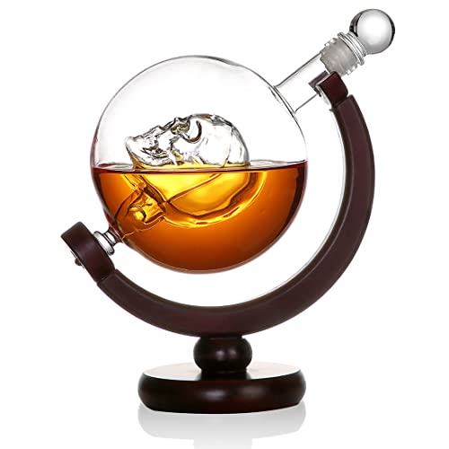 Globus Skull Dekanter 850 ml - von Hand gefertigt - runde Karaffe aus Kristallglas - inklusive Holzständer - Männer, Gentleman - Deko, Bar - Scotch, Whisky, Bourbon - Geburtstagsgeschenk von polar-effekt
