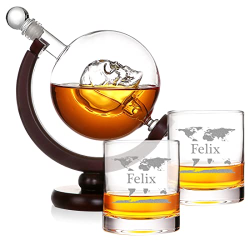 Globus Skull Dekanter Set 850 ml mit Wunschgravur - Motiv: Weltkarte - 2x personalisierte Whisky Tumbler 320 ml - Scotch, Bourbon, Rum - Geburtstag, Weihnachten, Jubiläum - Drink, Longdrink von polar-effekt