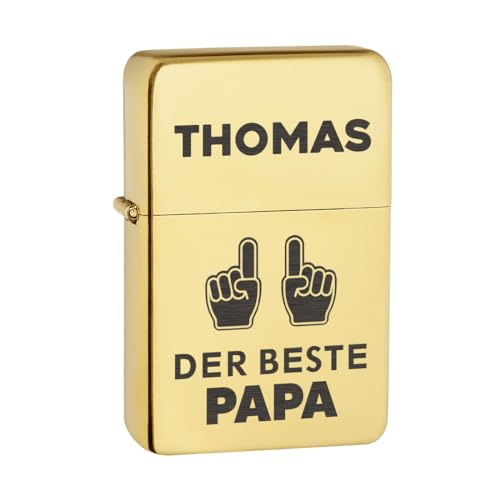 Goldenes Sturmfeuerzeug aus Metall mit Gravur - Feuerzeug als Vatertagsgeschenk - Geschenk für Männer - Motiv Der Beste Papa von polar-effekt