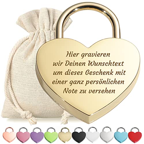 Herz Liebes-Schloss Bügelschloss Vorhängeschloss Gold Gravur mit Schlüssel - Wunschtext - Metall eloxiert - Geschenkbeutel - Geschenk Liebesgeschenk Valentinstag Jahrestag - Paar Ehepaar von polar-effekt