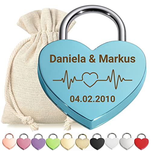 Herz Liebes-Schloss Bügelschloss Vorhängeschloss Graviert Blau - Motiv Herzfrequenz - personalisiert - weißer Stoffbeutel - Geschenkidee Valentinstag - Paar-Geschenk present - jetzt gestalten von polar-effekt