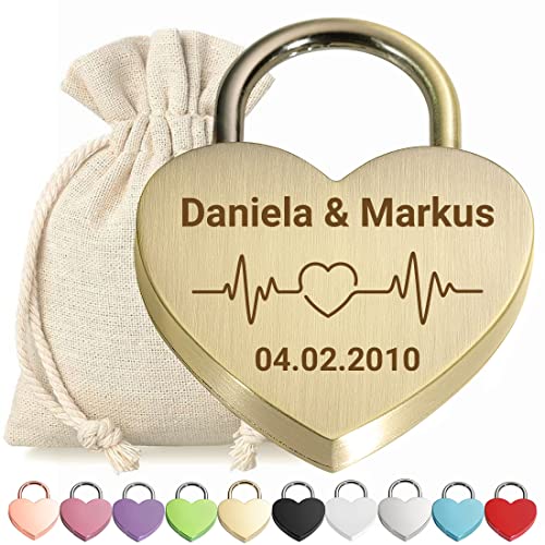 Herz Liebes-Schloss Bügelschloss Vorhängeschloss Graviert Bronze - Motiv Herzfrequenz - personalisiert - weißer Stoffbeutel - Geschenkidee Valentinstag - Paar-Geschenk Present - jetzt gestalten von polar-effekt