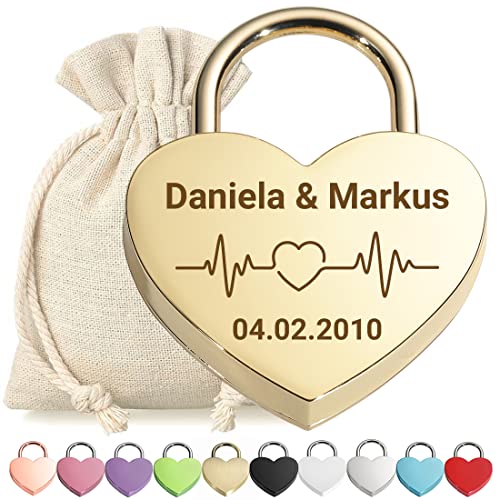 Herz Liebes-Schloss Bügelschloss Vorhängeschloss Graviert Gold - Motiv Herzfrequenz - personalisiert - weißer Stoffbeutel - Geschenkidee Valentinstag - Paar-Geschenk Present - jetzt gestalten von polar-effekt