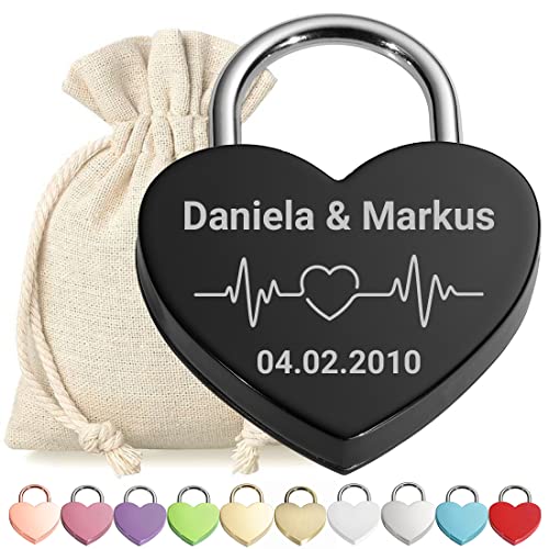 Herz Liebes-Schloss Bügelschloss Vorhängeschloss Graviert Schwarz - Motiv Herzfrequenz - personalisiert - weißer Stoffbeutel - Geschenkidee Valentinstag - Paar-Geschenk - jetzt gestalten von polar-effekt