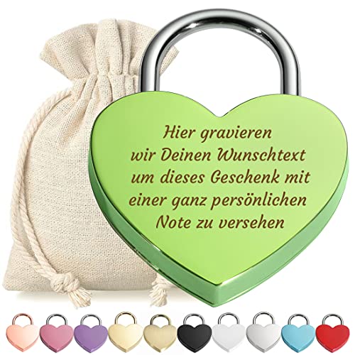 Herz Liebes-Schloss Bügelschloss Vorhängeschloss Grün Gravur mit Schlüssel - Wunschtext - Metall eloxiert - Geschenkbeutel - Geschenk Liebesgeschenk Valentinstag Jahrestag - Paar Ehepaar von polar-effekt